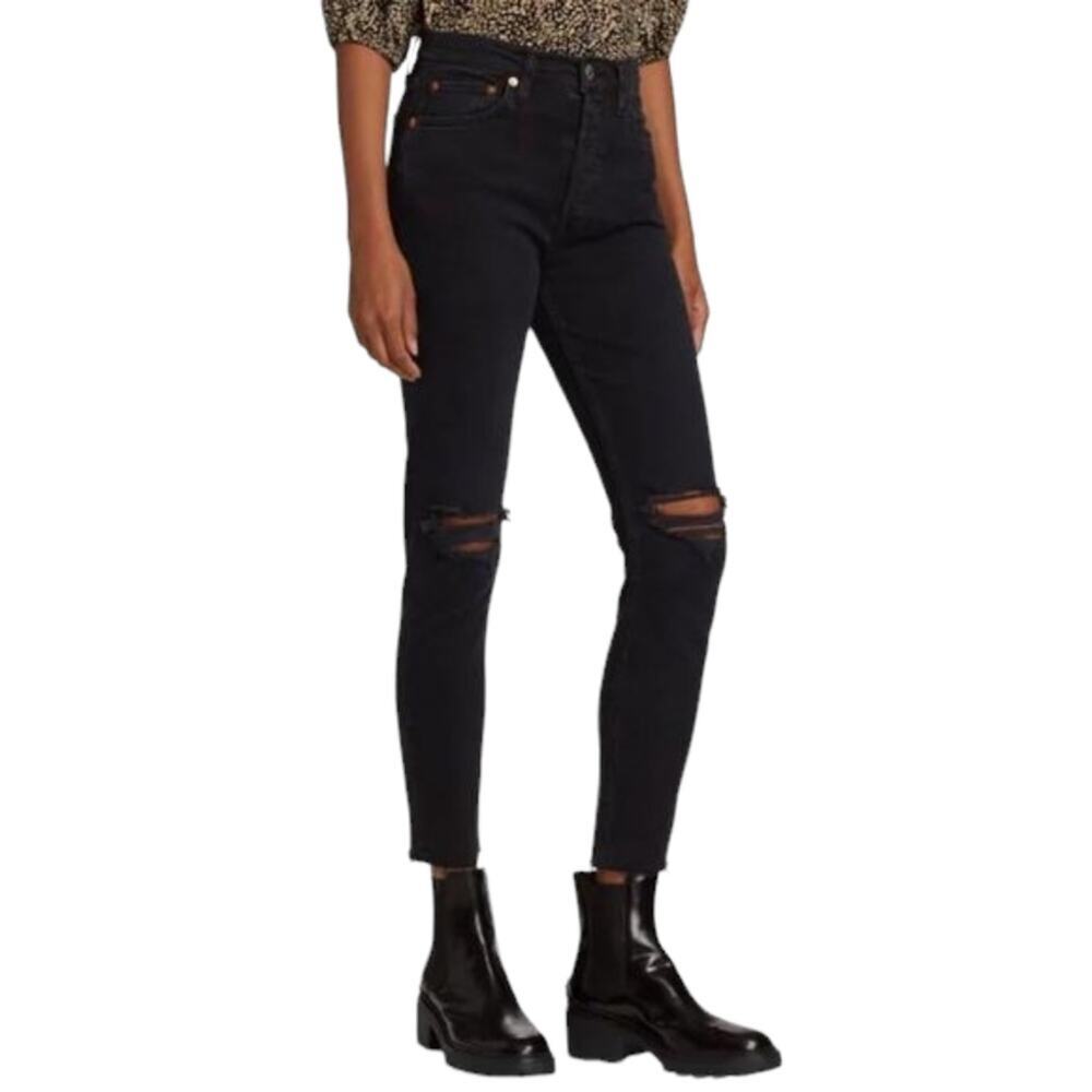 Re/Done 90s High Rise Ankle Crop Faded Black Destroyed